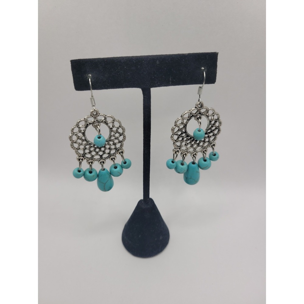 Silver Tone Dreamcatcher Dangle Earrings Blue Beads Boho Fish Hook